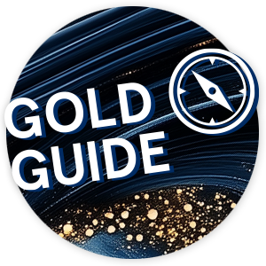 philoro Gold Guide Gold Guide-Logo mit Kompasssymbol, goldenen Partikeln und blauer Hintergrundtextur.