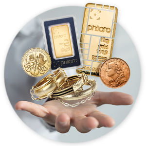 Kundenservice Ein Bild von einer Hand die Altgold, Münzen und Barren hält.