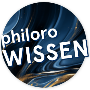 Kreisförmiges Logo mit dunkelblauem, marmoriertem Hintergrund und weißem Schriftzug "philoro WISSEN".