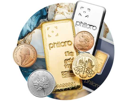 Ein Foto von 2 philoro 1 kg Gold- und Silberbarren und verschiedenen Münzen.