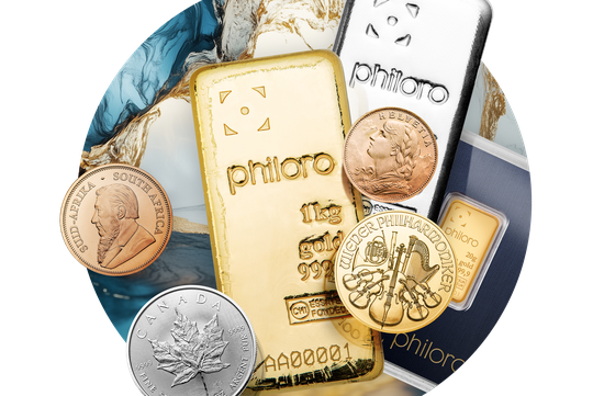 Ein Foto von 2 philoro 1 kg Gold- und Silberbarren und verschiedenen Münzen.