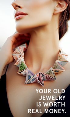 A woman wears a necklace made of banknotes.