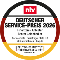 Auszeichnungs-Badge mit „Deutscher Service-Preis 2026“ von n-tv für Finanzdienstleister und bester Goldhändler, inklusive Unternehmensinformationen.