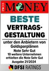 Siegel von Focus Money mit der Note "Sehr gut" zu beste Vertragsgestaltung