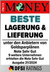 Siegel von Focus Money mit der Note "Sehr gut" zu beste Lagerung & Lieferung
