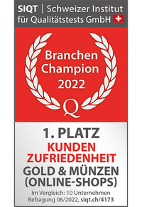 Siegel von Branchen Champion zu 1. Platz Kundenzufriedenheit Gold & Münzen