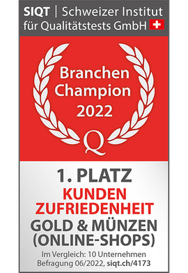 Siegel von Branchen Champion zu 1. Platz Kundenzufriedenheit Gold & Münzen