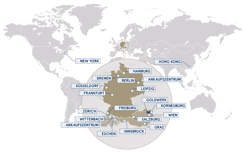 Eine Landkarte, in der die philoro Standorte in Deutschland, Österreich, der Schweiz, Hong Kong und New York markiert sind.