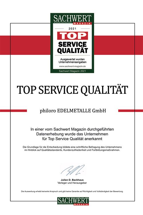 Top service quality Seal of approval from Sachwert Magazin for top service quality