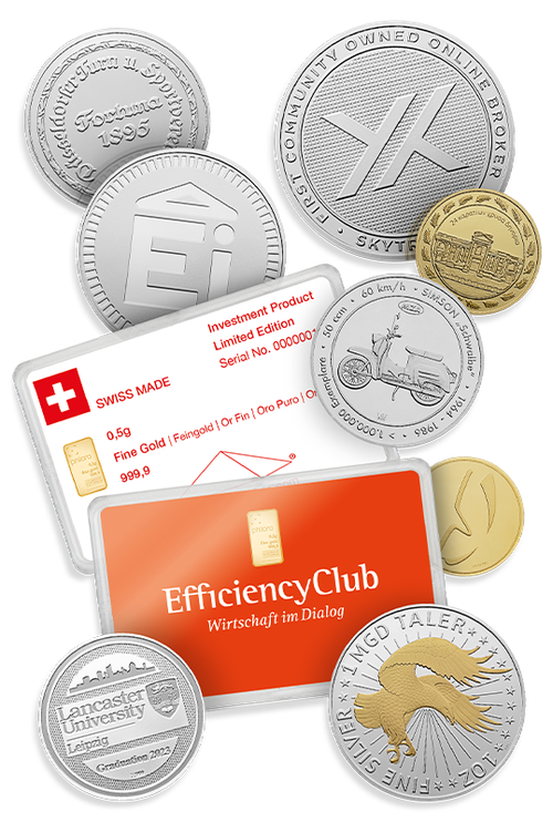 philoro Individual Verschiedene individuelle Münzen und Goldbarren, darunter Silber- und Gedenkmünzen, sowie eine Karte mit der Aufschrift "EfficiencyClub".
