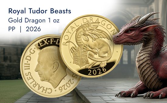 Grafik eines Gold Royal Dragon 1 oz PP - Royal Tudor Beasts 2026