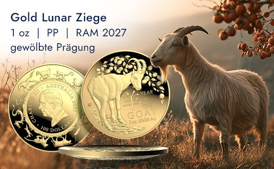 Gold Lunar Ziege 1 oz PP gewölbte Prägung - RAM 2027