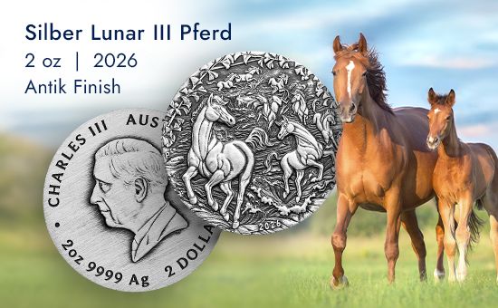 Grafik eines Silber Lunar III Pferd 2 oz - Antik Finish 2026