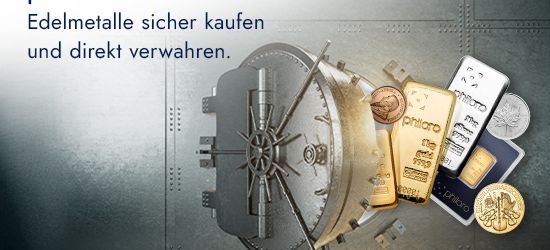 Geöffneter Tresor mit Gold- und Silberbarren sowie Münzen von philoro – sichere Lagerung im Edelmetalldepot.