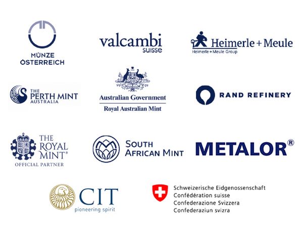 Eine Übersicht mit Logos der philoro Partner. Dies sind: Münze Österreich, Valcambi Suisse, Heimerle + Meule, Perth Mint, Royal Australian Mint, Rand Refinery, The Royal Mint, South African Mint, Metalor, CIT und Schweizerische Eidgenossenschaft.