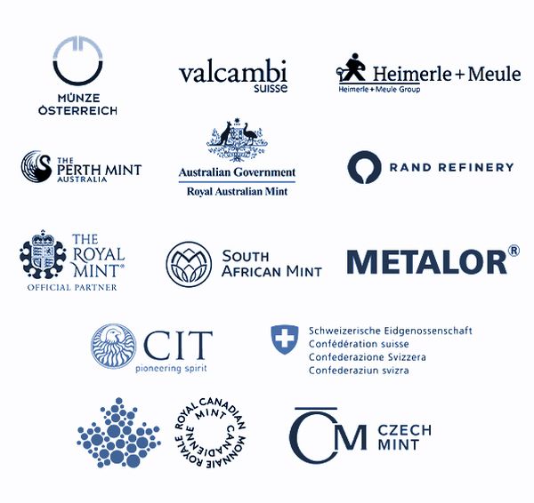 Eine Übersicht mit Logos der philoro Partner. Dies sind: Münze Österreich, Valcambi Suisse, Heimerle + Meule, Perth Mint, Royal Australian Mint, Rand Refinery, The Royal Mint, South African Mint, Metalor, CIT, Schweizerische Eidgenossenschaft, Royal Canadian Mint und Czech Mint.