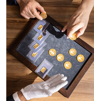 Münzen und Barren liegen auf einem Tablett.