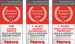 Top Kundenservice, 1. Platz Kundenzufriedenheit, 1. Platz Preis-Leistungsverhältnis Siegel vom Branchen Champion 2020 im Bereich top Kundenservice, zum 1. Platz Kundenzufriedenheit und 1. Platz Preis-Leistungsverhältnis