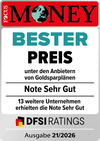 Bester Preis von Gold-Sparplänen Siegel von Focus Money mit der Note Sehr Gut für philoro.