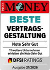 Beste Vertragsgestaltung von Gold-Sparplänen Siegel von Focus Money mit der Note Sehr Gut für philoro.
