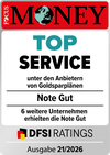 Top Service von Gold-Sparplänen Siegel von Focus Money mit der Note Sehr Gut für philoro.