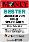 Bester Anbieter von Gold-Sparplänen Siegel von Focus Money mit der Note Sehr Gut für philoro.