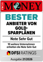Bester Anbieter von Gold-Sparplänen Siegel von Focus Money mit der Note Sehr Gut für philoro.