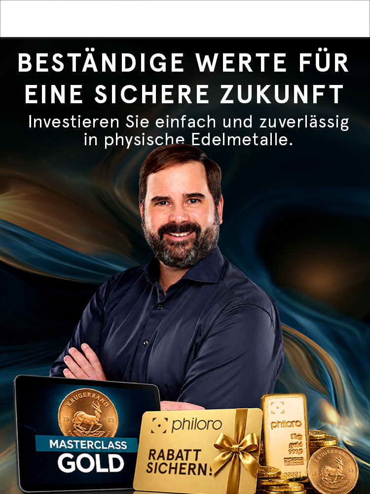 Mann mit verschränkten Armen, daneben Text: "Beständige Werte für eine sichere Zukunft." Stapel von Goldbarren und Goldmünzen abgebildet.