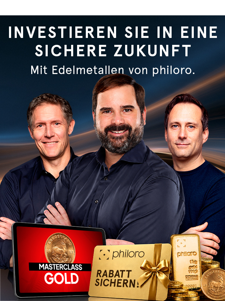 Drei Männer mit Edelmetall-Produkten von philoro, inklusive Goldbarren und Tablet mit "Investieren Sie in eine sichere Zukunft"-Text.