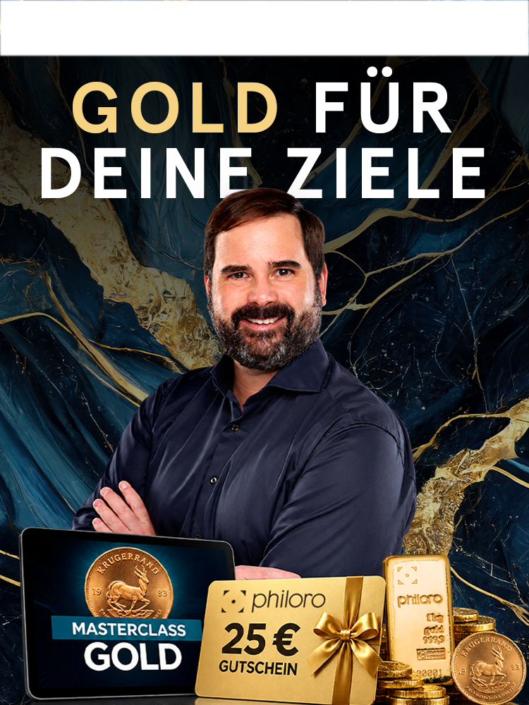Mann vor gold-blauem Hintergrund mit Text "Gold für deine Ziele", Masterclass Gold, 25€ Gutschein, Goldbarren und Münze sichtbar.