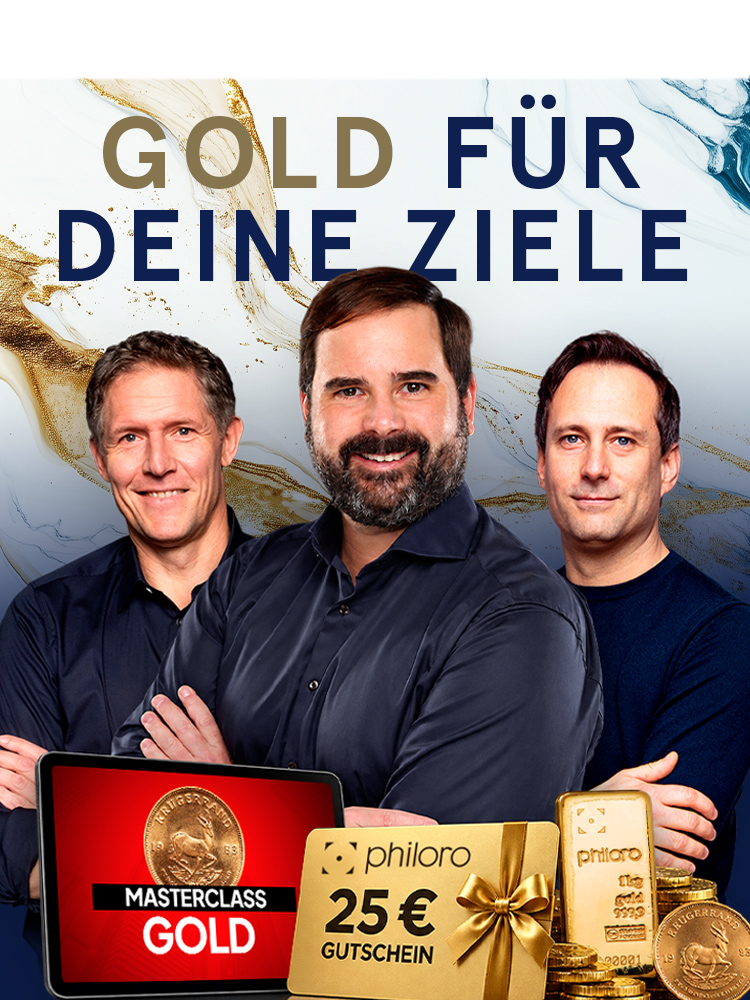 Drei Männer posieren vor dem Schriftzug "Gold für deine Ziele" mit Goldbarren, Münzen, Masterclass-Gutschein und einem Tablet.