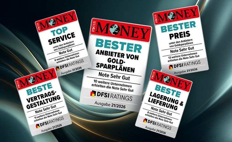 FOCUS-MONEY philoro erhält 2026 fünf FOCUS-MONEY-Siegel für Goldsparpläne.
