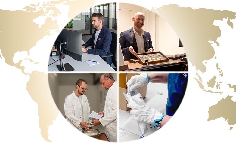 Berufsbilder von philoro Vier Fotos in einem Kreis zeigen die Arbeitswelten bei philoro: Office - Mann am Computer, Stores - Mann mit Münzen, Production - Männer in Laborkitteln und Logistics - Verpackungshände. Hintergrund: Weltkarte.
