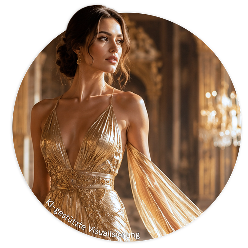 Goldene Textilien heute Eine junge Frau mit goldenem Ballkleid.