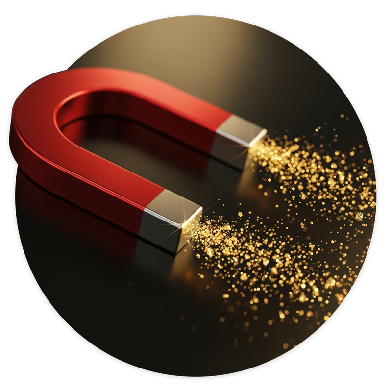 Goldmagnet Ein großer Magnet, der kleine Goldpartikel anzieht.