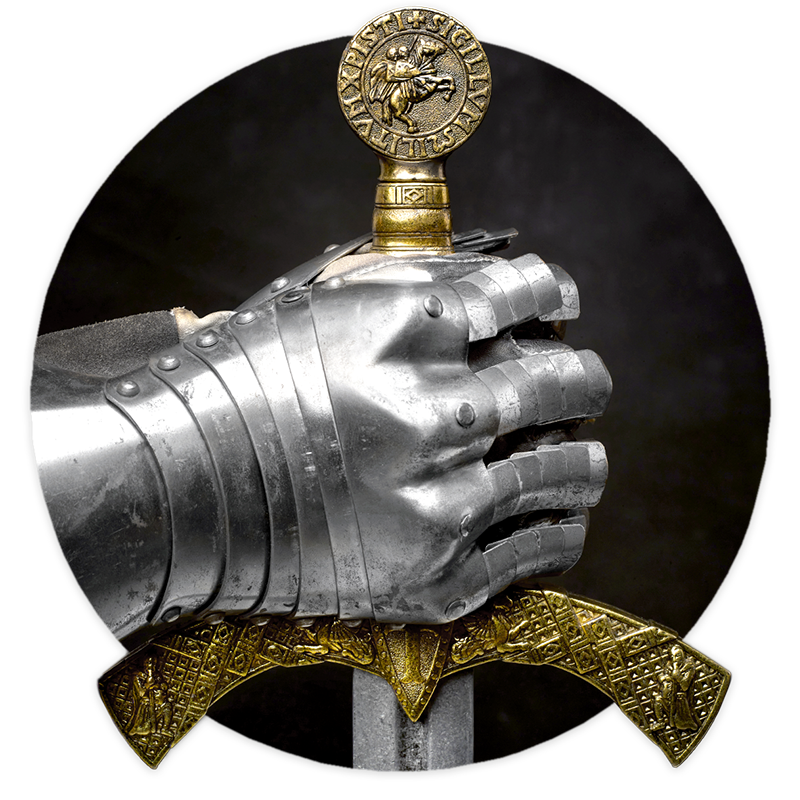 Ritterschwert Ein Ritter mit Rüstung hält ein Schwert mit einem goldenen Griff.