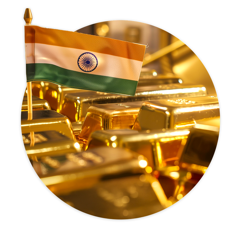 Diverse Goldbarren sowie eine indische Flagge.