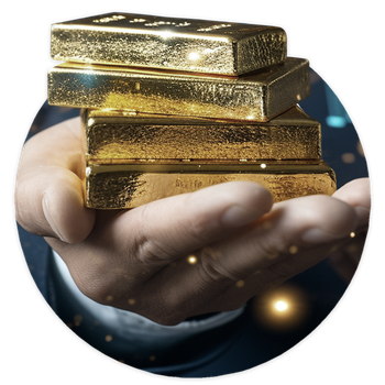 Goldbarren Hand Vier Goldbarren, die gestapelt in einer Handfläche liegen.