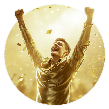 Goldjunge Das Bild ist in Gold gehalten. Ein junger Mann wirft jubelnd die Arme nach oben, im Hintergrund ist Konfetti.