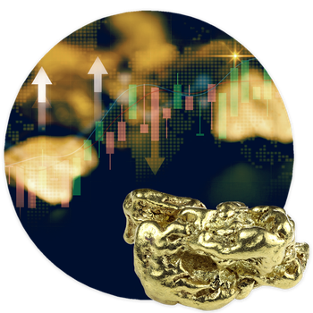 Nugget Entwicklung Ein Gold-Nugget, dass vor einer sich verändernden Skala dargestellt ist.