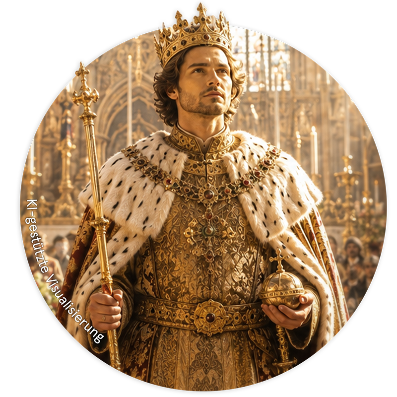 Krönung Ein junger König mit goldenen Reliquien und goldener Kleidung.