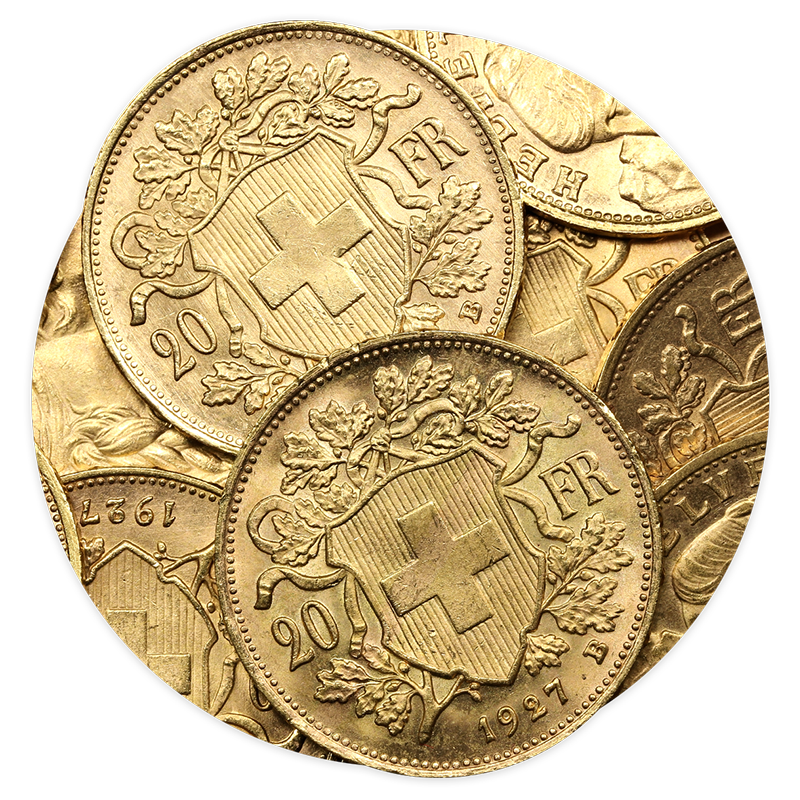 Mehrere goldene Vreneli-Münzen.