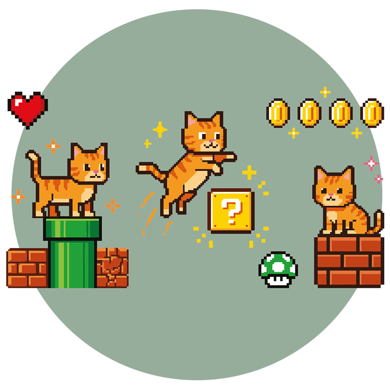 Mario Cart Cats vor grünem Hintergrund.