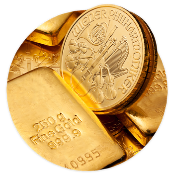 Ein 250g Goldbarren sowie ein Wiener Philharmoniker.