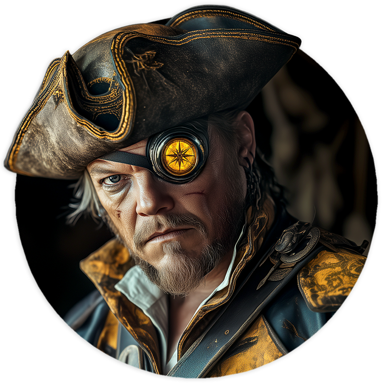 Piraten-Kapitän Ein Freibeuter mit einem goldenen Kompass als Augenklappe.