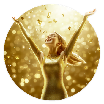 Goldmädchen Das Bild ist in Gold gehalten. Ein Mädchen wirft jubelnd die Armen nach oben, im Hintergrund ist Konfetti.