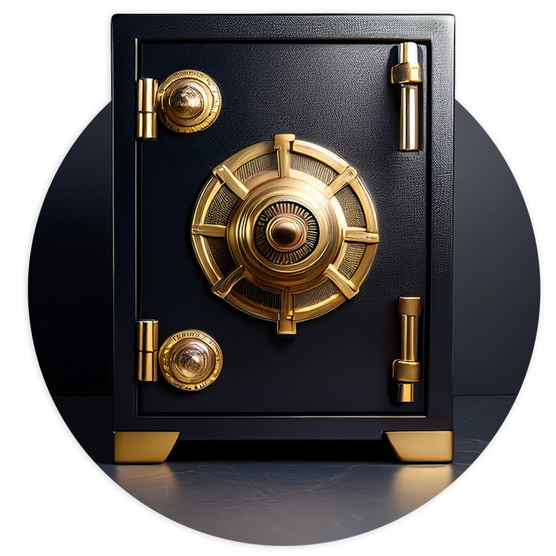 Vermögenserhalt Ein schwarzer Tresor mit goldenen Details steht symbolisch für den Vermögenserhalt.