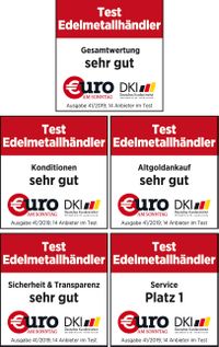 Siegel von Euro am Sonntag zu Gesamtwertung sehr gut, Konditionen sehr gut, Altgoldankauf sehr gut, Sicherheit & Transparenz sehr gut, Service Platz 1