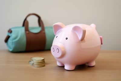 Ein rosa Sparschwein neben einer blauen Reisetasche.