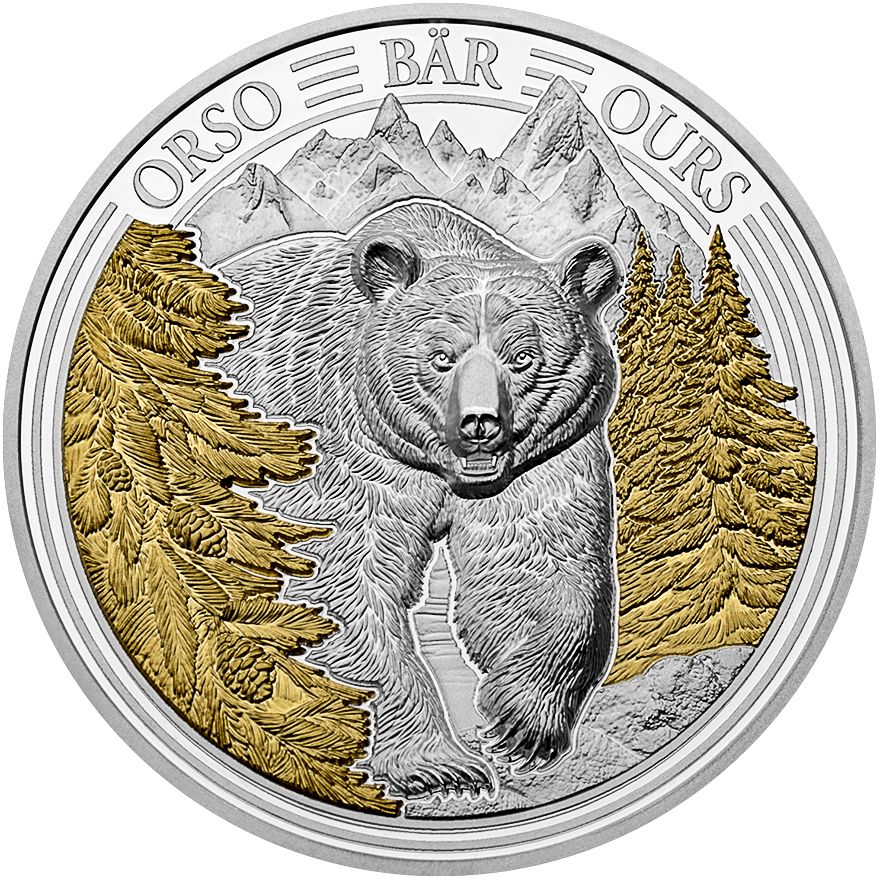 Produktfoto Der Bär Frontalansicht der Swiss Wildlife Silbermedaille "Der Bär".